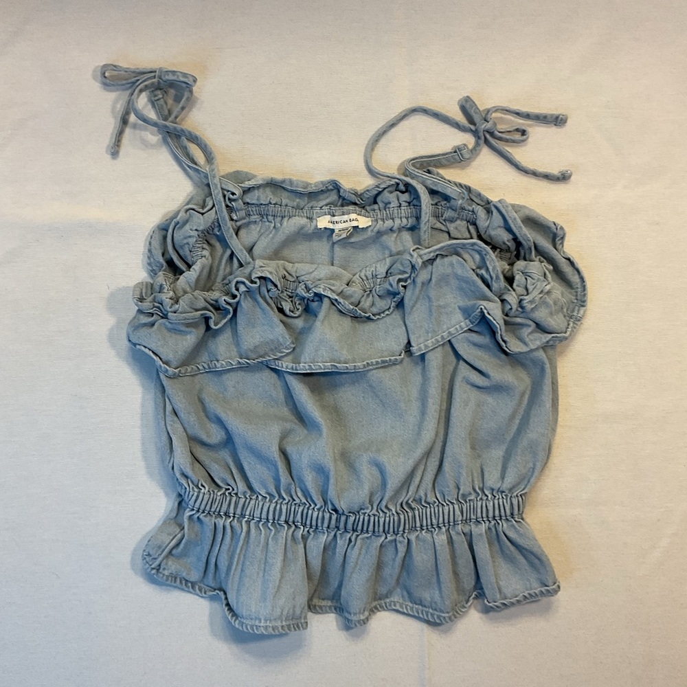 American Eagle Women's Cropped Blue Denim Spaghetti Straps Frilled Size Medium